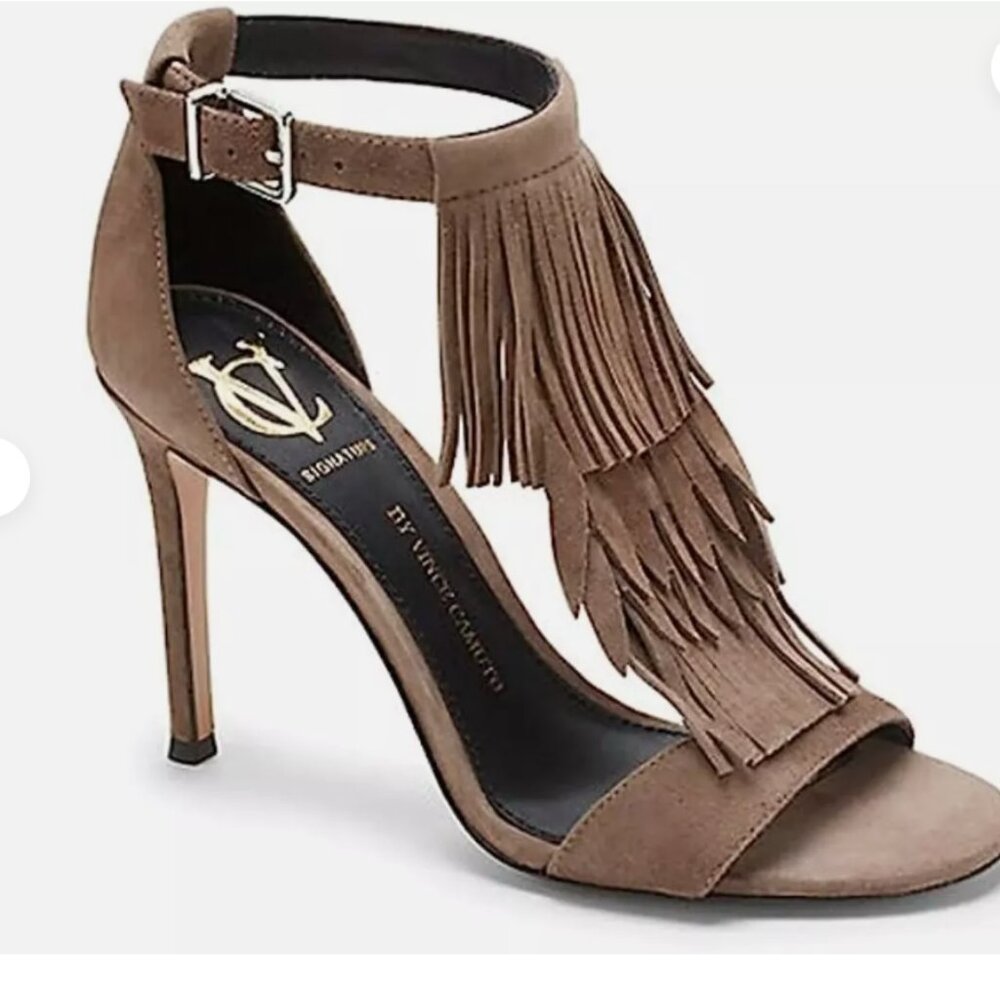 Vince Camuto Signature  Peep Toe Fringe Pump Taupe Suede 10M Boho Western